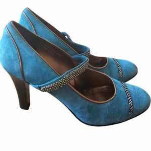 Coach Women's Eden Mary Jane Pumps US 9.5B Turquoise Blue Suede Chain